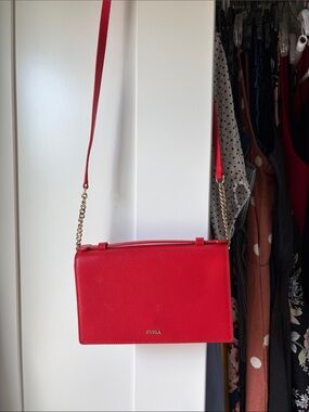 Furla Red Pebbled Leather Crossbody Bag with Slim Strap